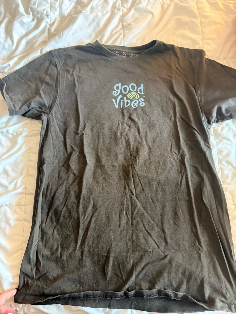 Life Is Good Black Tee with Light Blue "Good Vibes" Graphic